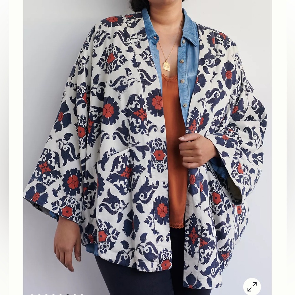 Anthropologie Navy & Rust Floral Kimono Jacket